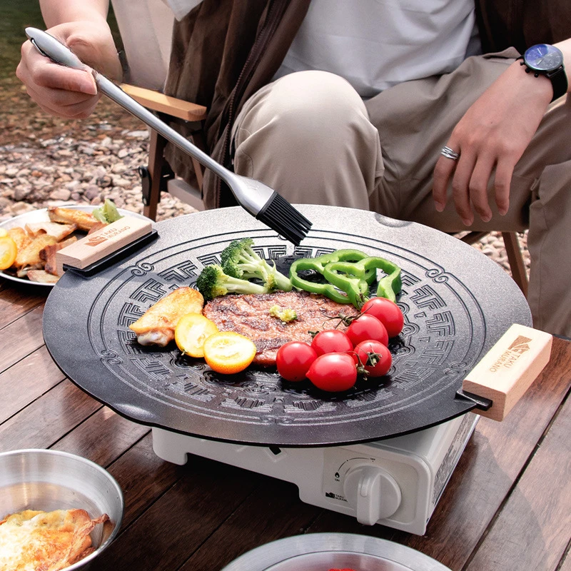 

Outdoor Camping Non Stick Tableware Anti Scalding 2 Handles Portable BBQ Plate Round Aluminum Cooking Food Board Picnic Utensils