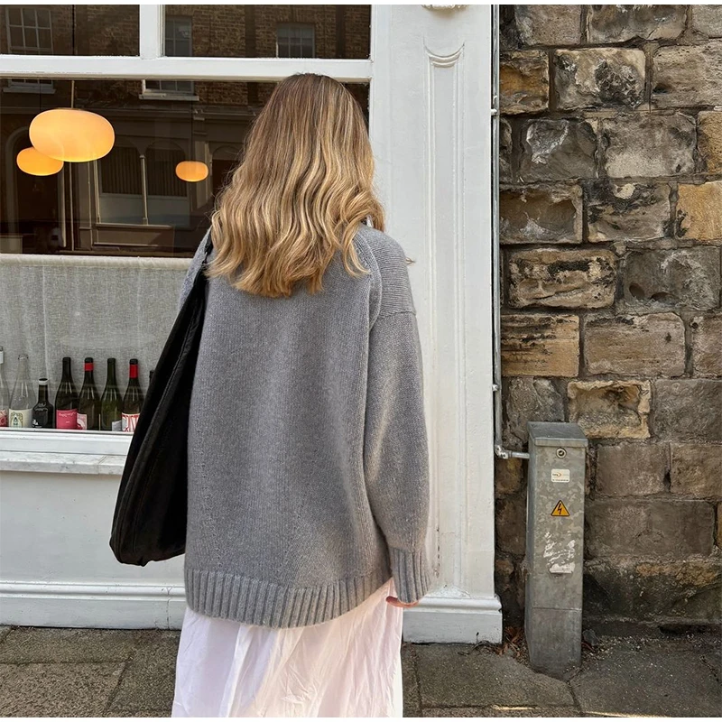 Suéteres casuales de punto con cuello redondo para mujer, suéter retro para adictos al trabajo, suéter femenino elegante de otoño, prendas de punto sencillas de calle
