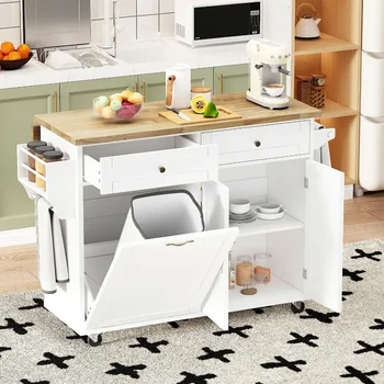 Rolling Kitchen Island with Drop Leaf - Kitchen Trash Cabinet Tilt Out 10 Gallon Storage, Storage Islands Movable Carts 1