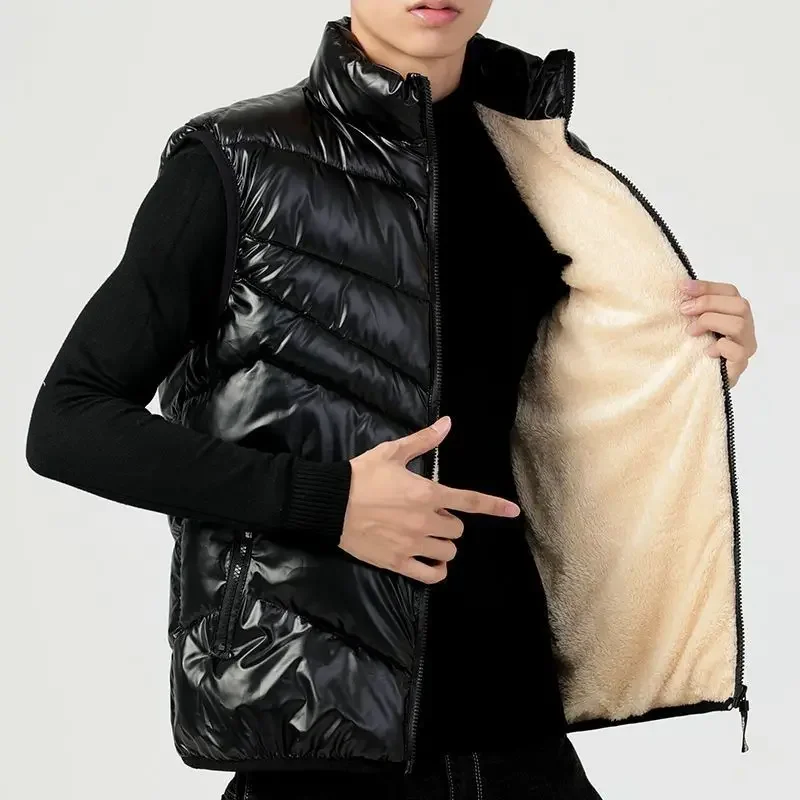 New Fashion Men's Solid Color Down Cotton Vest Winter Lamb Fleece Thick Warm Jacket Coats Male Clothes