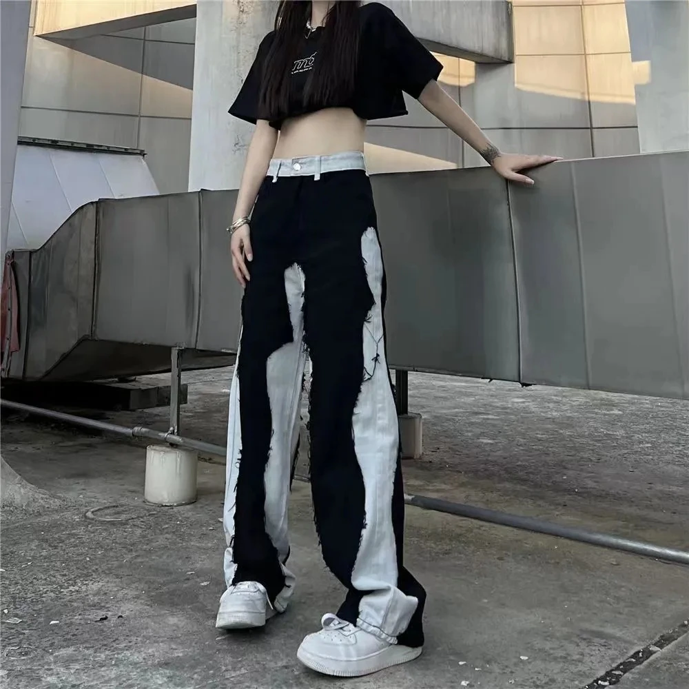 

Harajuku High Street Splicing Straight Jeans Female Fashion Gothic Clothing Y2K Streetwear Wide Leg Baggy Jeans Pants Woman