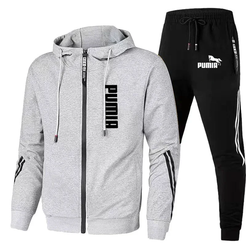 Autumn Winter Men Outdoor Sport Hoodies Tracksuit Fashion Zipper Jackets and Sweatpants Casual Male Fleece Printed Sweater Suits