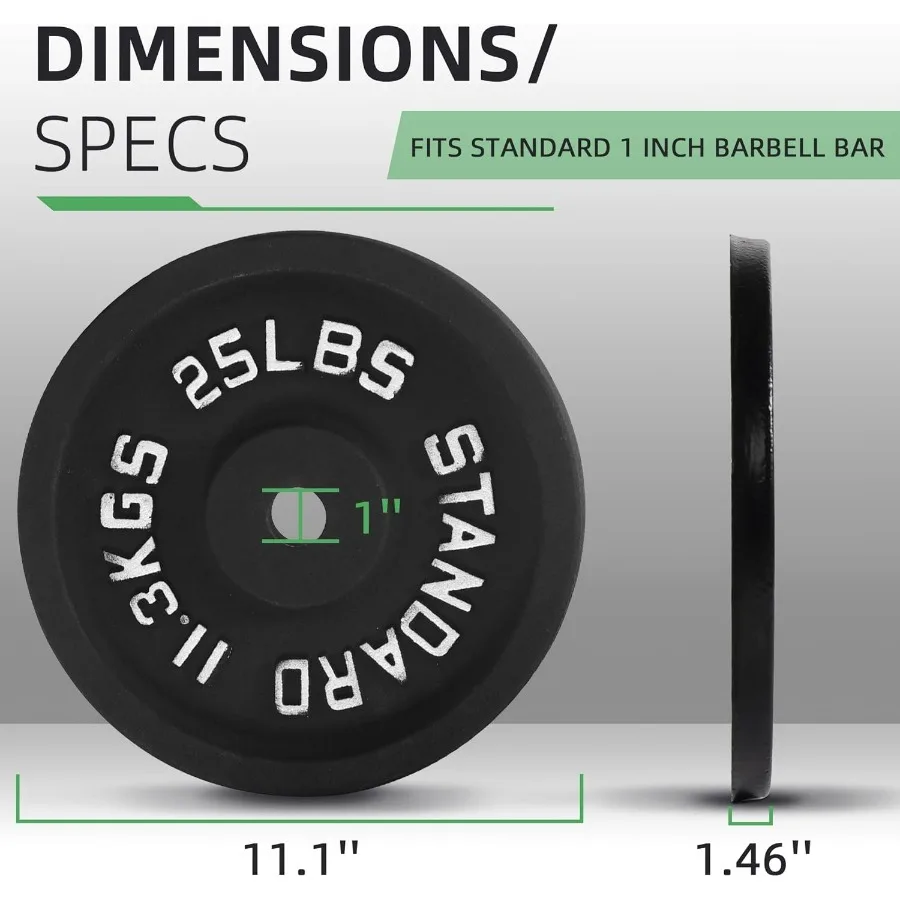 Cast Iron 1-Inch Standard Weight Plate for Strength Training & Weightlifting, Home Gym,25 Pounds X 2