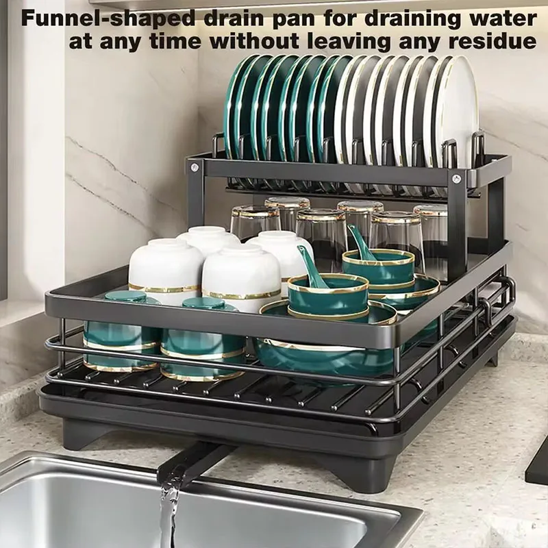 Dish Drying Rack Kitchen Adjustable 2 Tier Plates Organizer Dish Bowl Drainer Storage Rack Kitchen Utensils
