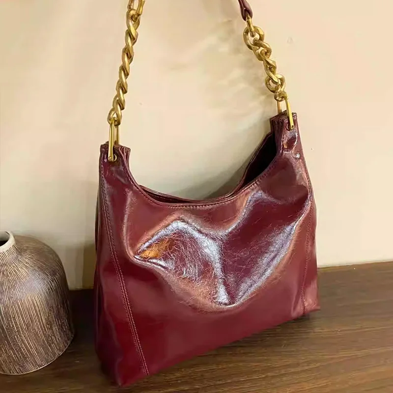 Versatile New Red Luxury Minimalist Style Series Bright Leather Underarm Bag for Daily Use Women Hobo Shoulder Bag