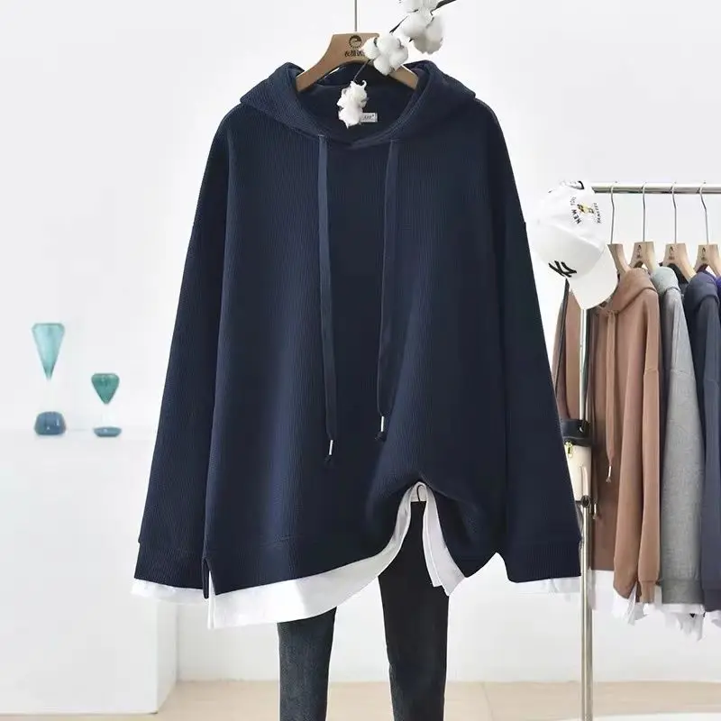 Spring Autumn Contrast Thin Fake Two Piece Hooded Long Sleeve Lacing Loose Plus Size Sweatshirts Casual Fashion Women Clothing