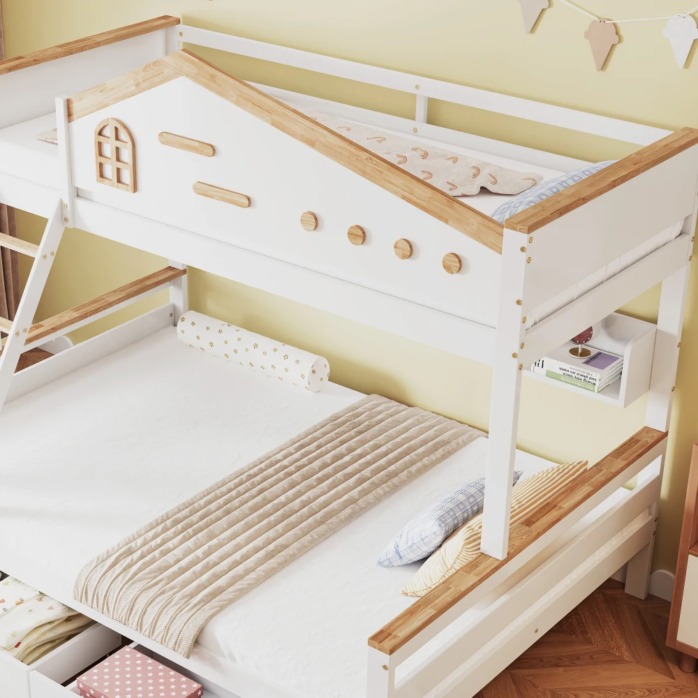 90 x 200 cm und 140 x 200 cm großes Kinder-Etagenbett, mit farbigem Fallschirmgitter, zwei Schubladen, modernes Bett mit Fenster und vierstufiger Leiter – Detail 23