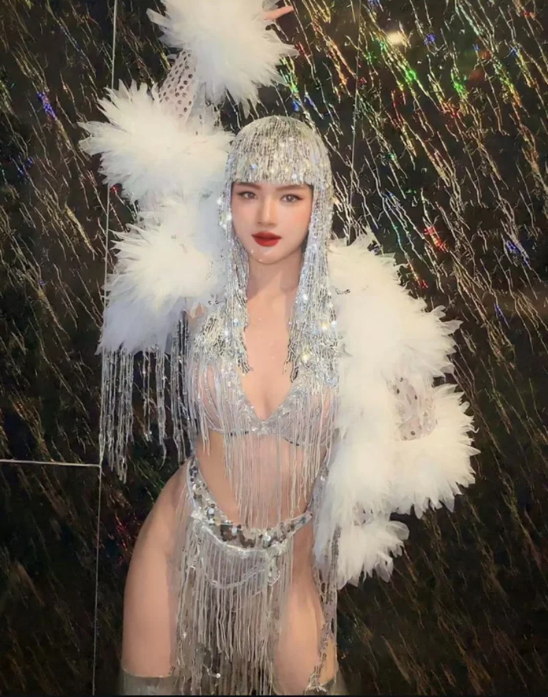 Performance outfit sexy silver tassel full set white jacket punk DJDS singer bar dance team gogo