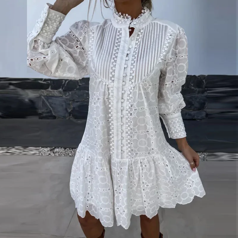 

Spring Stand Neck Single-Breasted Simple Dress Fashion Jacquard Hollow Out A-Line Dress Ladies Solid Color Lace Splicing Dresses