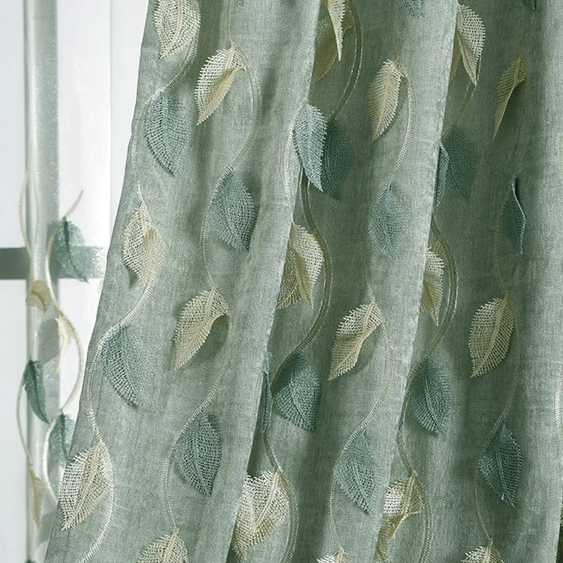 

Curtains for Living Dining Room Bedroom Luxury Embroidery Leaves Embossed Modern 3D Green Leaf Tulle Curtains for Bedroom