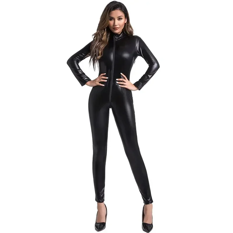 

Shiny PU Leather Catsuit Zipper Open Crotch Bodysuit Tights Cosplay Jumpsuit Sexy Clubwear Body Unitard Zentai Suit Fetish Wear