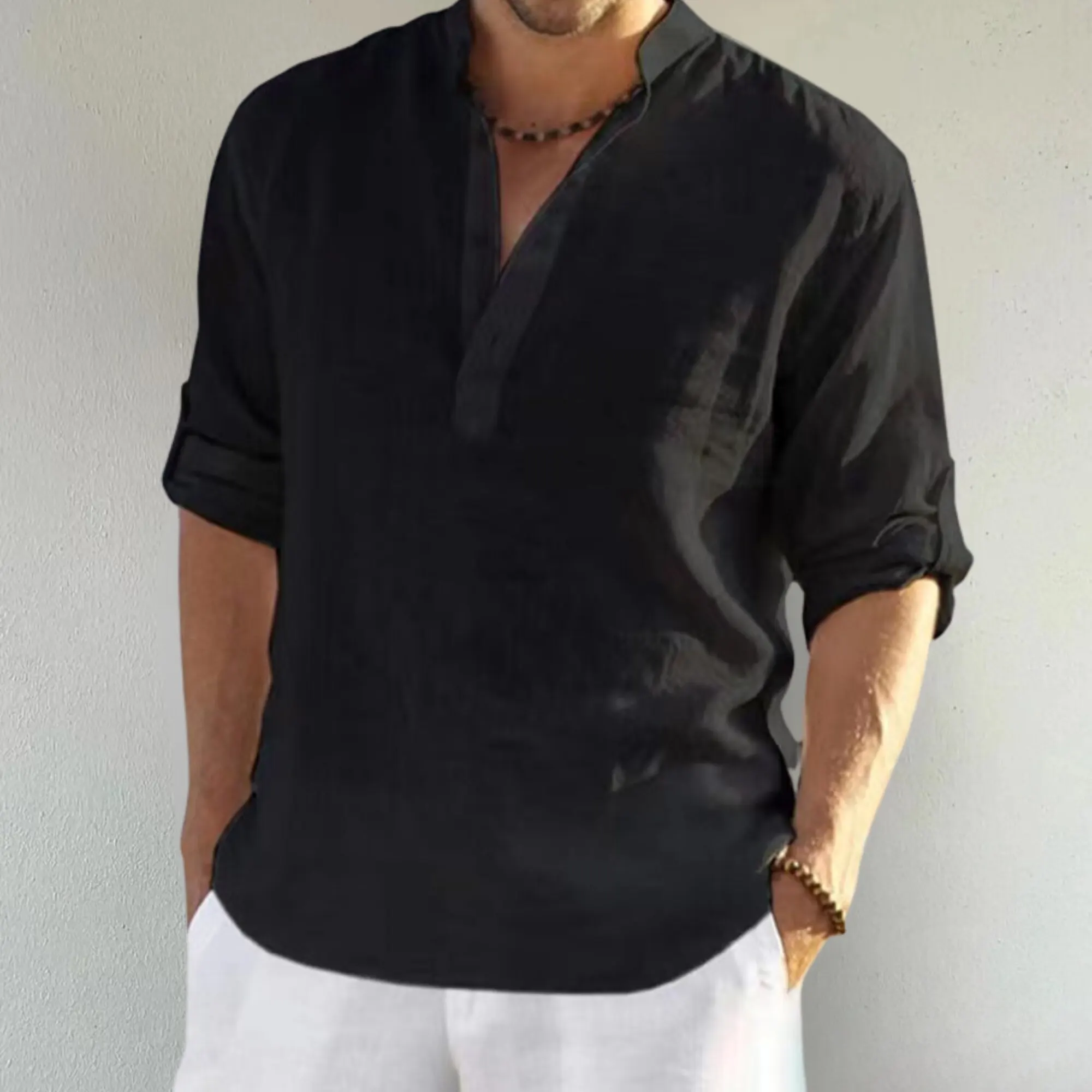 Casual Men Loose Shirt Autumn Shirt Fashion Stand Up Collar Cotton Long Sleeve Solid Color Stock 2023 Men Clothes - Image 2