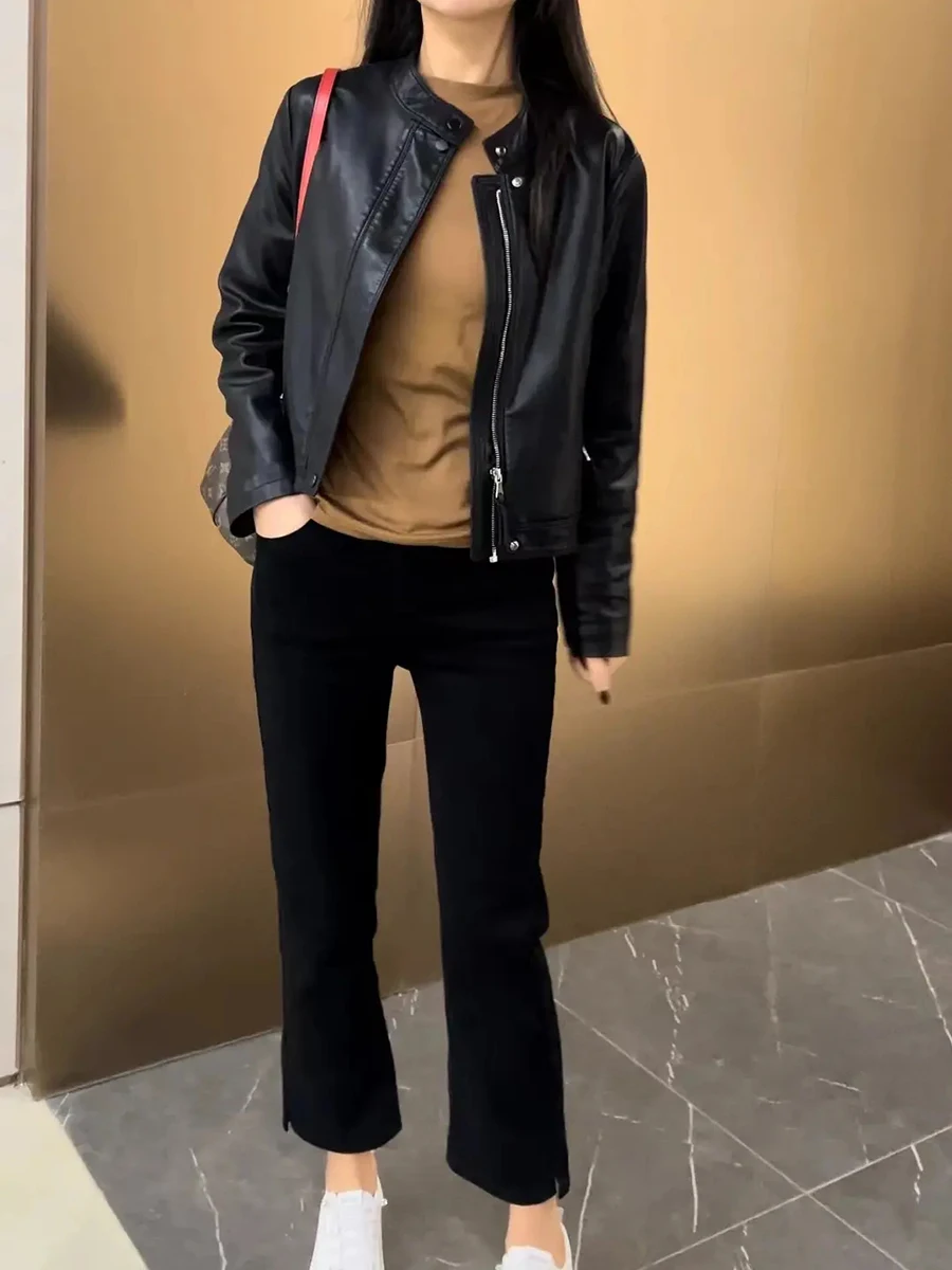 스탠드 칼라 가죽 자켓 여성 봄 가을 스타일 오토바이 의류 Pu 가죽 자켓 Slims Smooth Silhouette Cropped Top