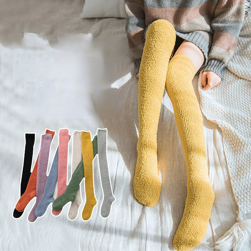 

Women Winter Thigh High Fuzzy Slipper Socks Sweet Solid Candy Color Over the Knee Long Stockings Cute Cozy Warm Fluffy Socks