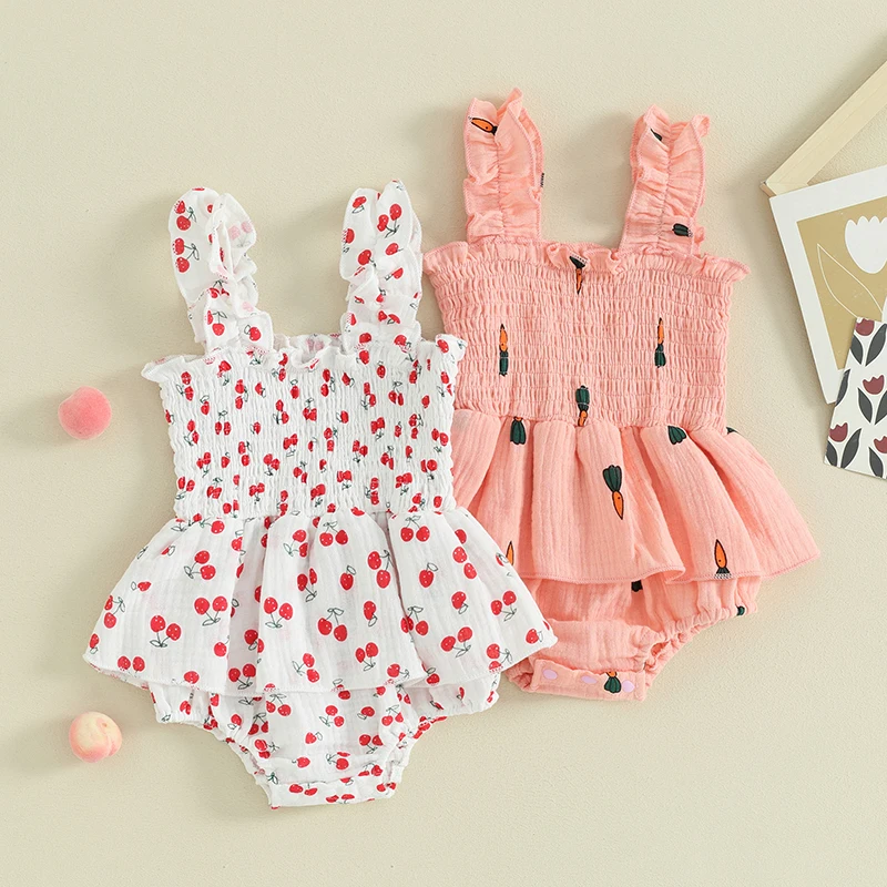 

Tregren 0-12M Baby Girl Romper Dress Square Neck Sleeveless Frill Trim Cherry Print Shirred Jumpsuit Cute Infant Newborn Clothes