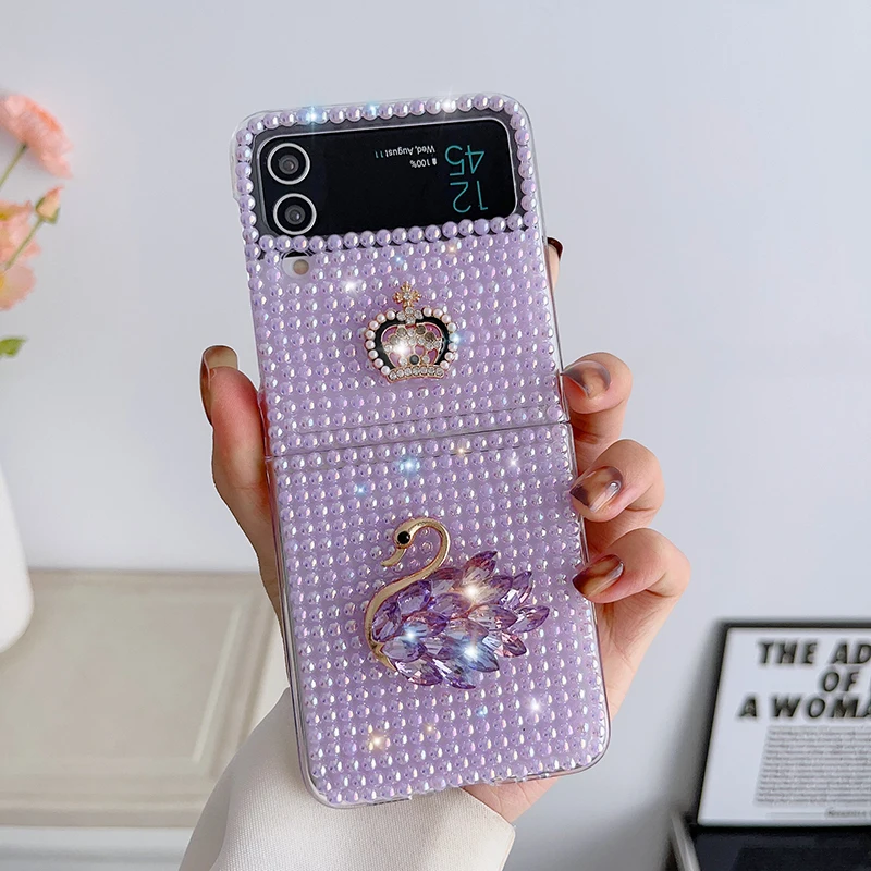 Case For Samsung Galaxy Z Flip 4 Z Flip 3 DIY Sparkling Pearl Crown Swan Hard Mobile Phone Case Cover