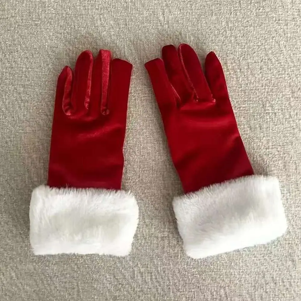Fashion with Faux Fur Trim Christmas Red Gloves Short Holiday Mitten Soft Velvet Gloves for Evening Events