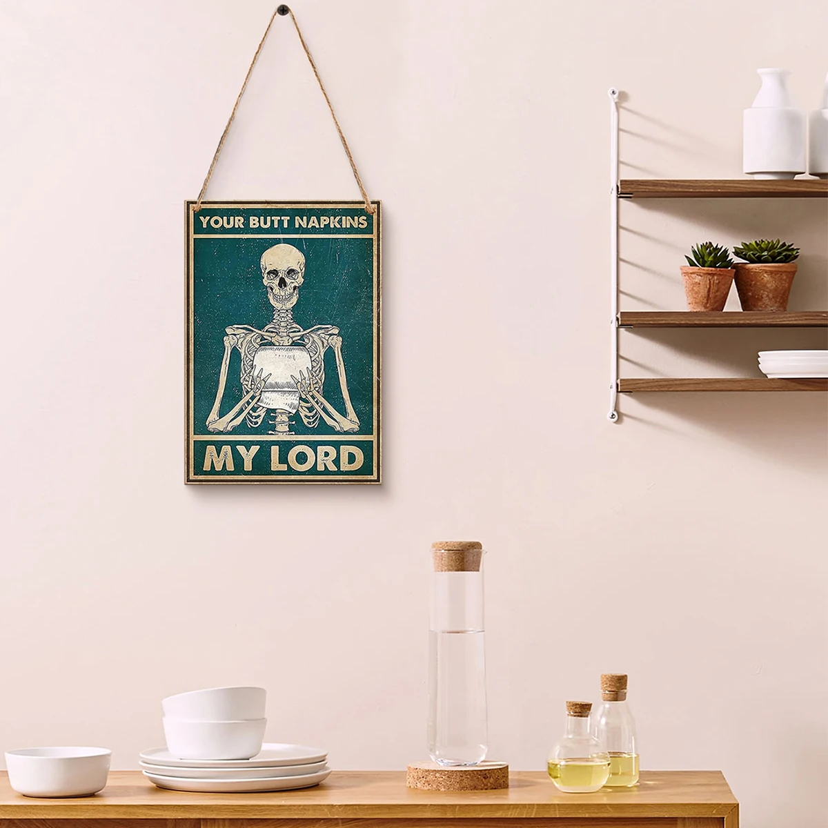 1PC, modern creative skull holding a tissue paper pattern decorative sign, wooden material home decoration sign