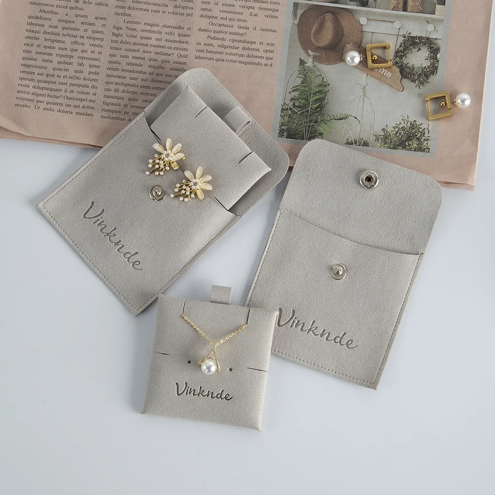 Microfiber Jewelry Pouch With Holder Custom Logo Embossed Suede Snap Button Jewelry Earrings Necklace Gift Bag With Insert Card