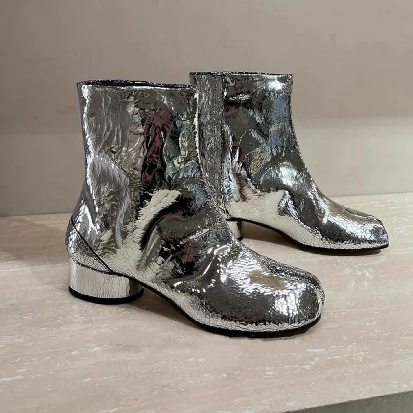 

New Spring Silver Tabi Boots Split Toe Chunky High Heel Women Boots Leather Zapatos Mujer Fashion Autumn Women Shoes Botas Mujer