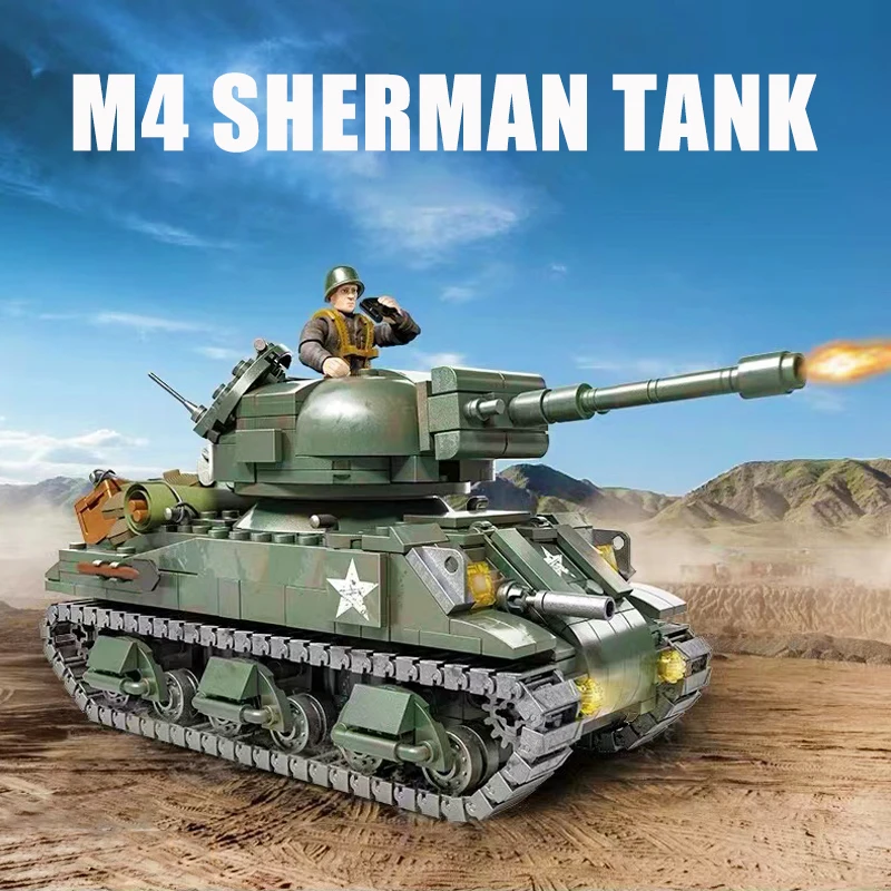 

Military M4 Sherman Medium Tank Building Blocks WW2 City Armored Car Army Soldiers Weapon Bricks Model Toys For Kid Gift MOC