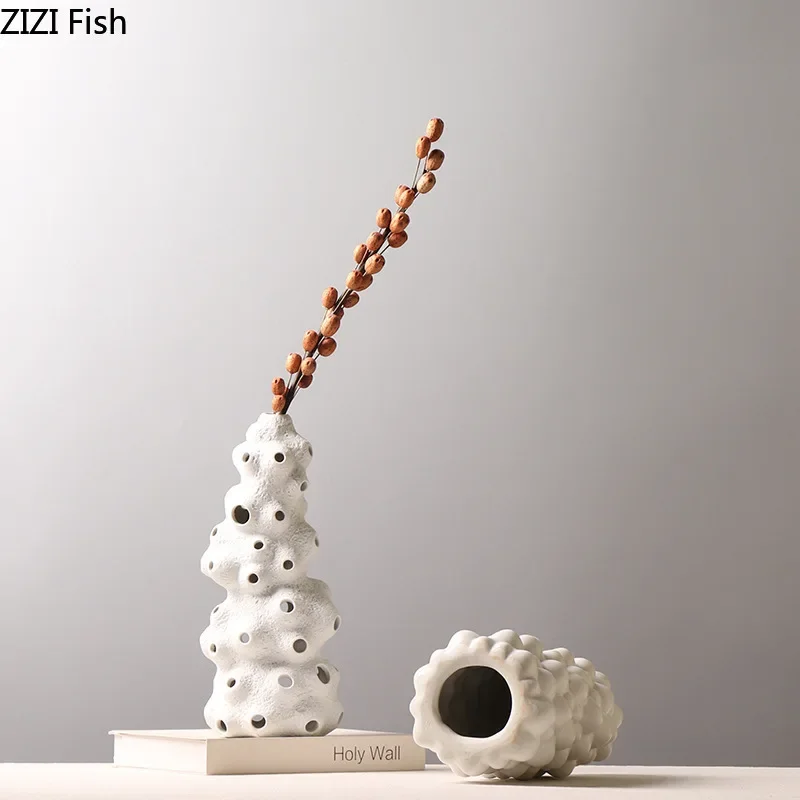 Creative Wind Tunnel Ceramics Vases Artificial Flowers Flower Arrangement Desk Decoration White Coral Porcelain Vase Home Decor 3