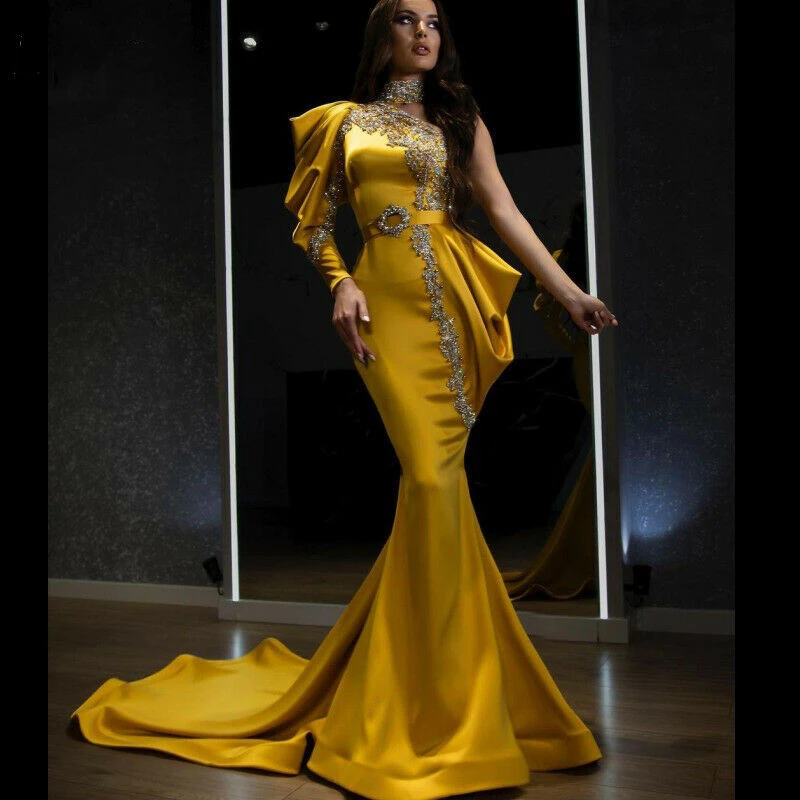 Vestidos De Noche Luxury Gold Turtleneck Arabian Evening Dresses One  Shoulder Long Sleeve Dubai Cocktail Party Robe Soirée Femme - Evening  Dresses - AliExpress