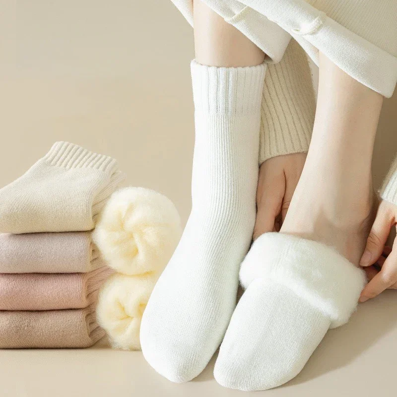 

5pairs/lot Winter Cashmere Terry Women's Socks Casual Solid Warm Soft Thick Sock Harajuku Snow Cold Cozy Thermal Plush Sox Girl