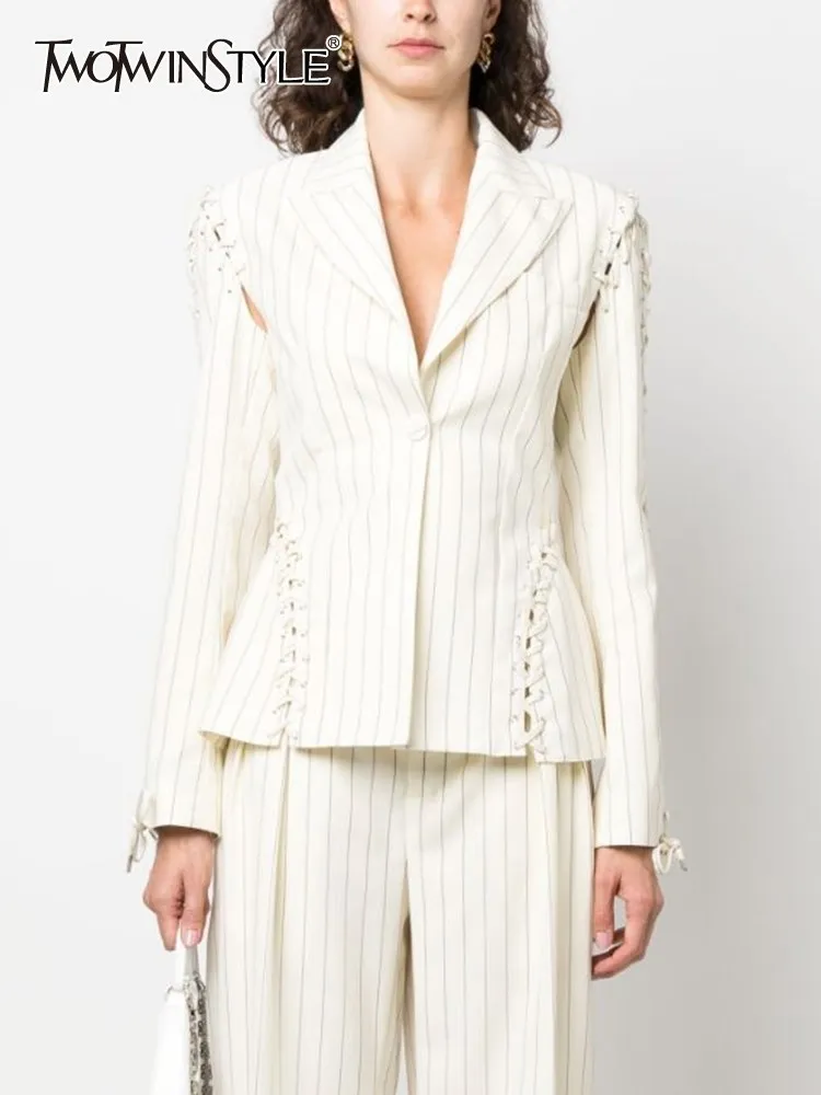 

TWOTWINSTYLE Striped Blazers For Women Notched Collar Long Sleeve Notched Collar Long Sleeve Slim Spliced Lace Up Blazer Female
