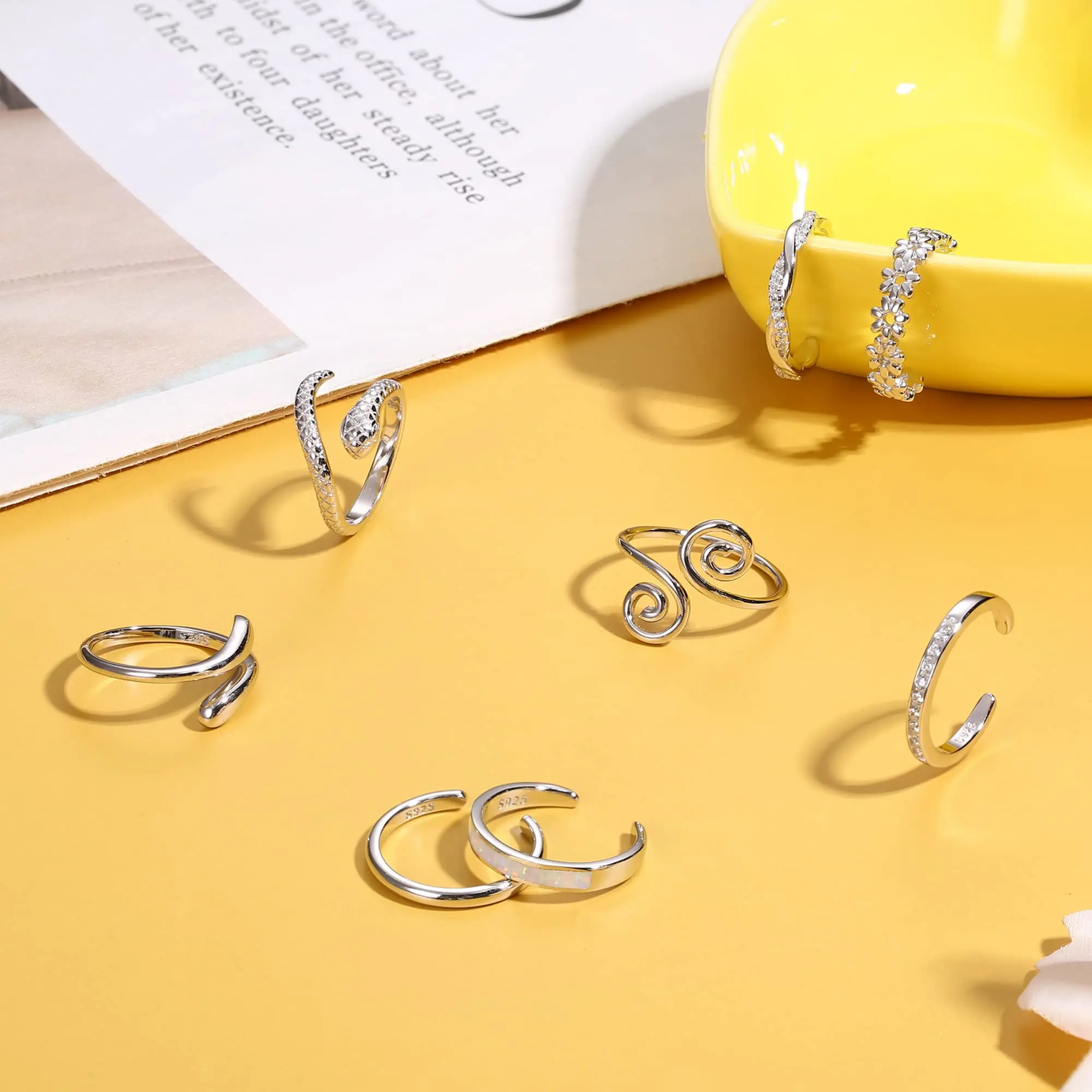 Fansilver S925 Sterling Silver Toe Rings for Women Adjustable White Gold Plated Flower Cz Snake Twist Opal Band Rings Jewelry 3