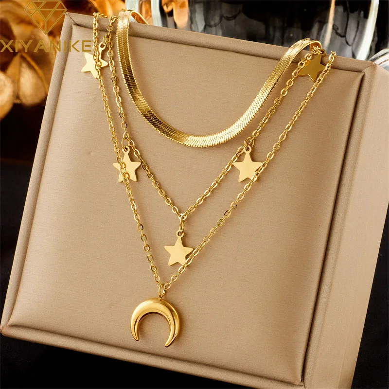XIYANIKE 316L Stainless Steel Necklace Star Moon Pendant Accessories for Women Charm New Trends Christmas Jewelry Gifts Collier