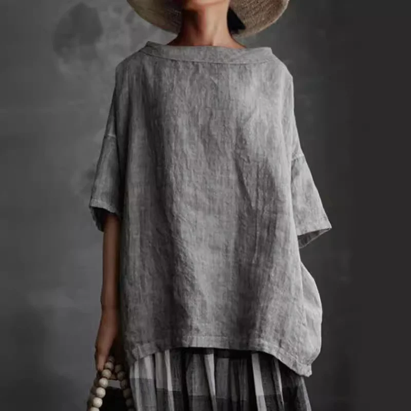 Description Picture 3 of itemAmerican Style Comfortable Cotton Linen T-Shirt Solid Color Casual Loose O Neck Pullover Tops New Summer Female Half Sleeve Tees