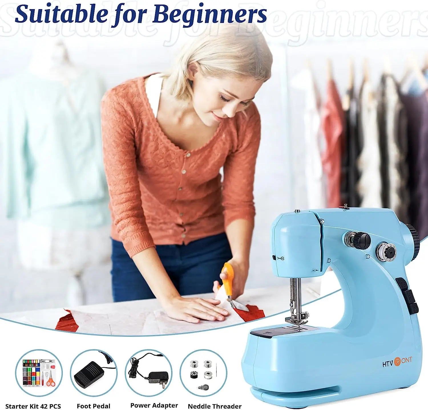 HTVRONT Mini Electric Sewing Machine for Beginners with 42 Pcs Set Portable Household Light Foot Pedal Straight Line Hand Table 4