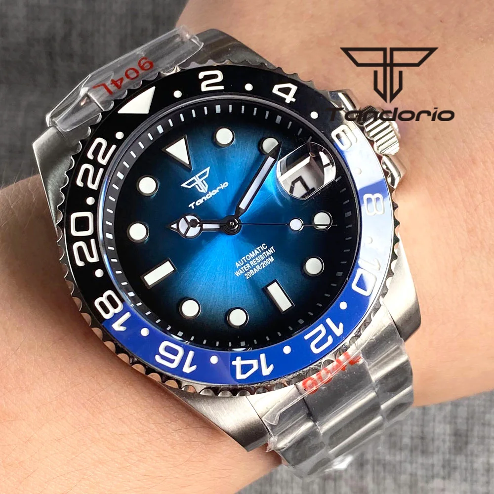 Tandorio Blue/Green/Red Sunburst Dial NH35A 40mm 200M Automatic Diving Men's Watch Sapphire Glass Rotating Ceramic/Alloy Bezel