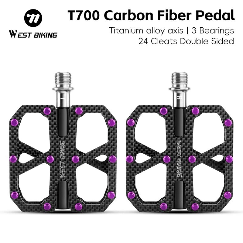 Pédales Plates West Biking Ultralégères Carbone T700 Et Axe Titane, 3 Roulements, 186g La Paire