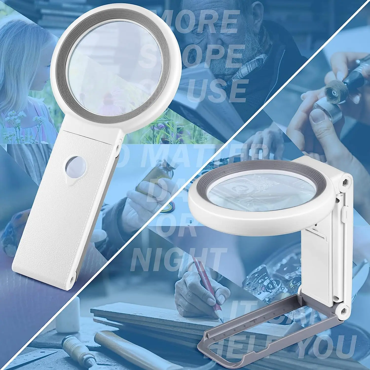 30X 10X Magnifying Glass with Light and Stand Folding Handheld