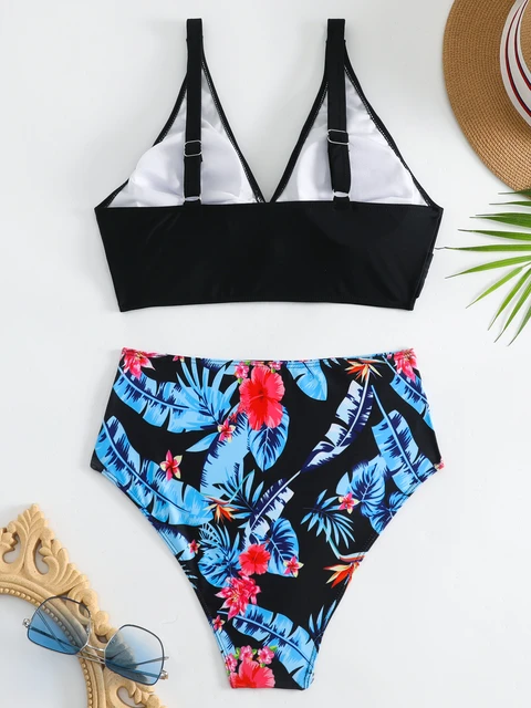 Tropical Print V Neck Bikini Sets, Twist Front Top & High Waist