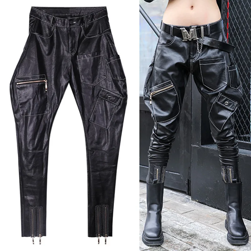 

Women PU Leather Casual Harem Pants With Zipper Loose Streetwear Black Pants High Waist Cool Autumn Long Trousers