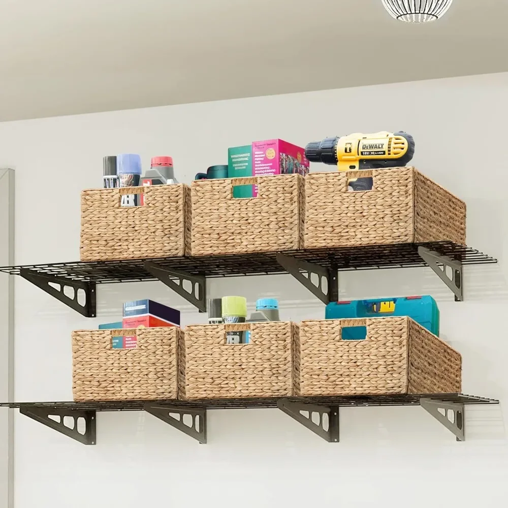 Extra Large Rectangular Water Hyacinth Wicker Storage Baskets with Iron Wire Frame, 16.1"x12.6"x9.5", Natural, Set of 4 4