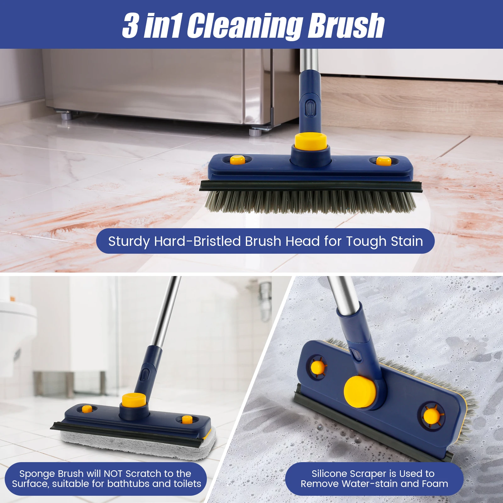 Spazzola Per Pulizia Bagno 2 In 1 – Manico Estendibile Da 45,7 A 88,9 Cm, Testina Girevole A 180° E 4 Spugne Rimovibili
