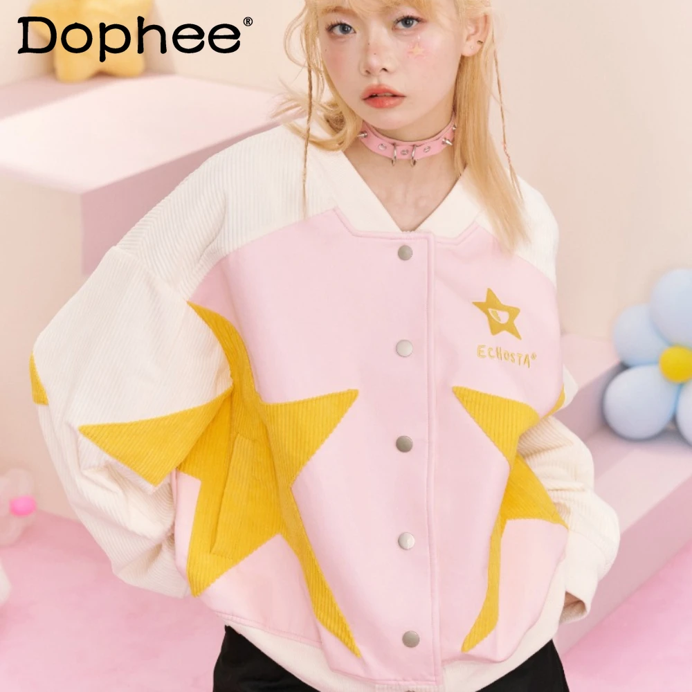 

2023 Dopamine Girl Wear Star Pattern Yellow Pink White Corduroy Stitching Sweet Coat Jacket Single-Breasted Cardigan Hip Hop Top