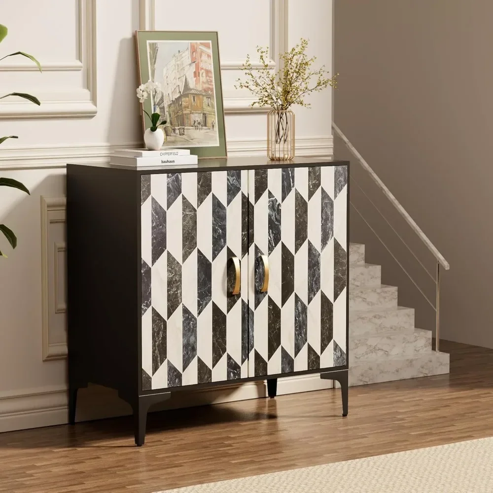 Sideboard et 2 Packs Kitchen Storage Cabinet with 4 Faux Marble Doors, Hallway, Liquor/Accent Cabinet with Gold Handles