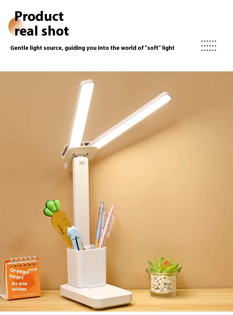 LED double-head desk lamp, 3-level dimmable touch night light, USB rechargeable, eye-protection, foldable bedside reading desk