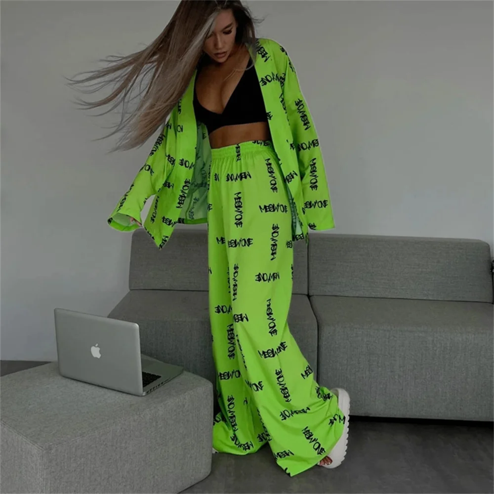 

Casual Loose Letter Print Pajamas Set for Women Elegant Long Sleeve Lace-Up Robes With Wide Pants Set Female Sleepwear