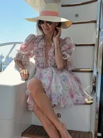 Robe courte en mousseline de soie rose doux pour femmes, mode fleur 3D, manches bouffantes, col en V, taille haute, ligne A, Robes superposées, nouvelle collection 2