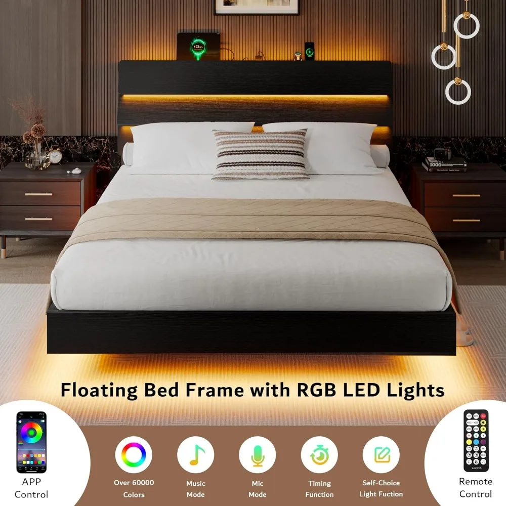 King Size Floating Bed Frame with LED Headboard and Charging Station, Metal Platform Bed Frame with Storage, Remote Control 2