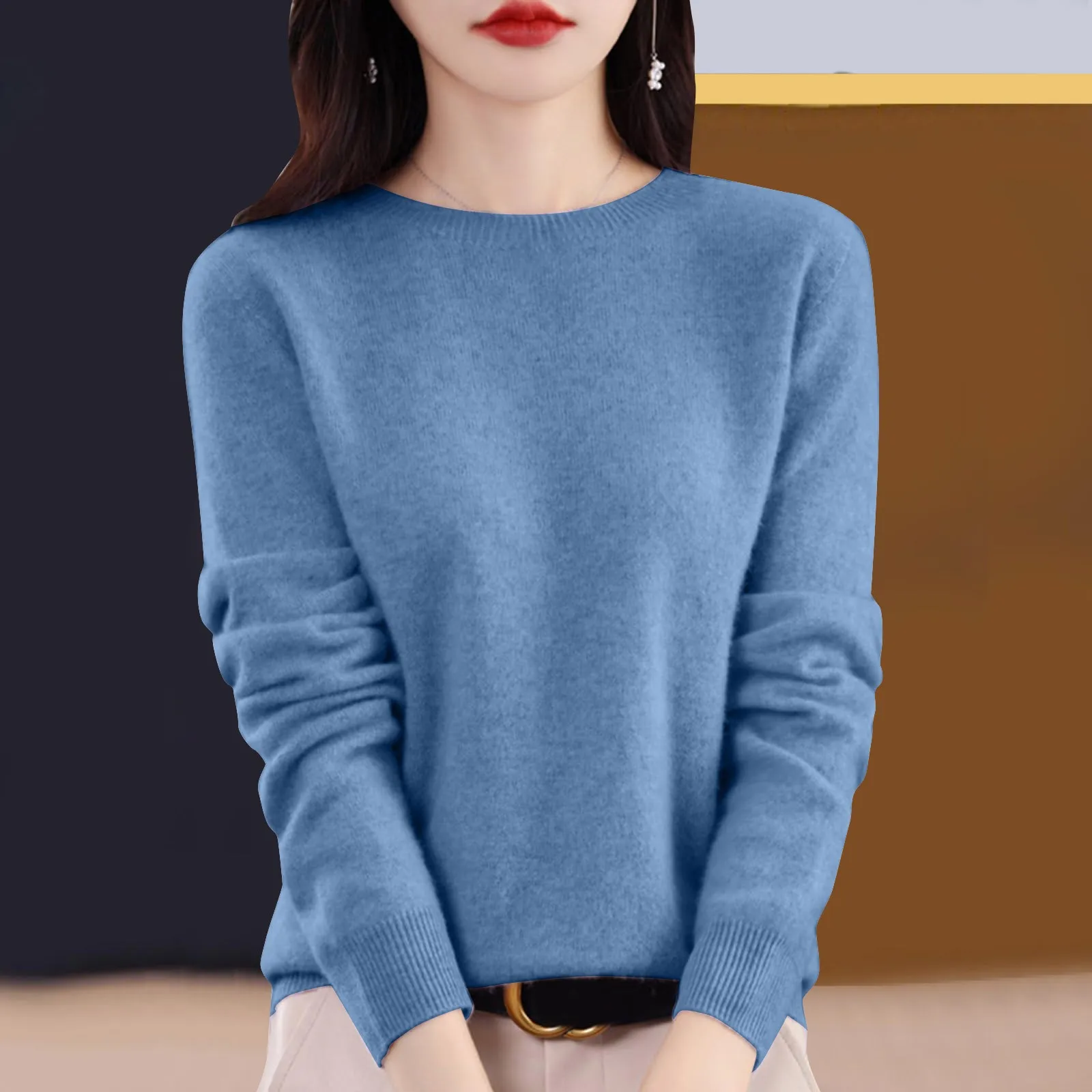 thumbnail image 1 of Suéter de cachemira de lana para mujer, jersey de primera línea con cuello redondo, suéter de punto holgado y cálido para otoño e invierno, top básico de color sólido de manga larga, 1 of 5