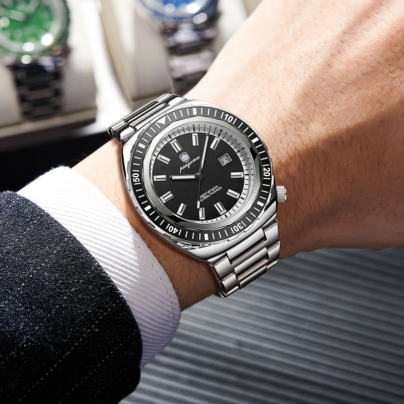 Montre homme de luxe, style business, date, jour de la semaine, étanche, lumineuse, bracelet sport en acier inoxydable, mouvement à quartz._voghion.com