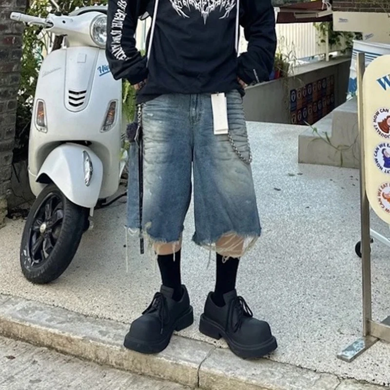 High Street Wrinkled Washed Dirty Dyed Vintage Ripped Distressed Baggy Five Point Pants Oversized Denim Shorts for Men