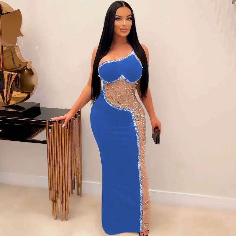 

WUHE Crystal Rhinestones Long Maxi Dress Women Sexy One Shoulder See-through Mesh Patchwork Night Party Gown Birthday Dress